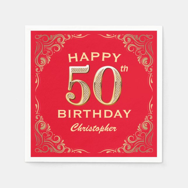 Serviette En Papier 50e anniversaire Parties scintillant rouge et or c (Devant)