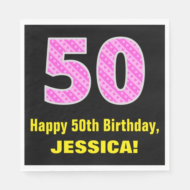 Serviette En Papier 50e anniversaire : Pink Stripes and Hearts "50" +  (Devant)