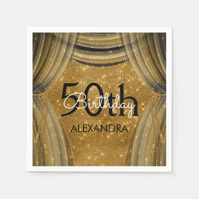 Serviette En Papier 50e fête d'anniversaire Black and Gold Sparkle (Devant)