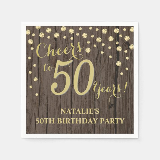 Serviette En Papier 50e fête d'anniversaire Rustic Wood et Gold Diamon (Devant)