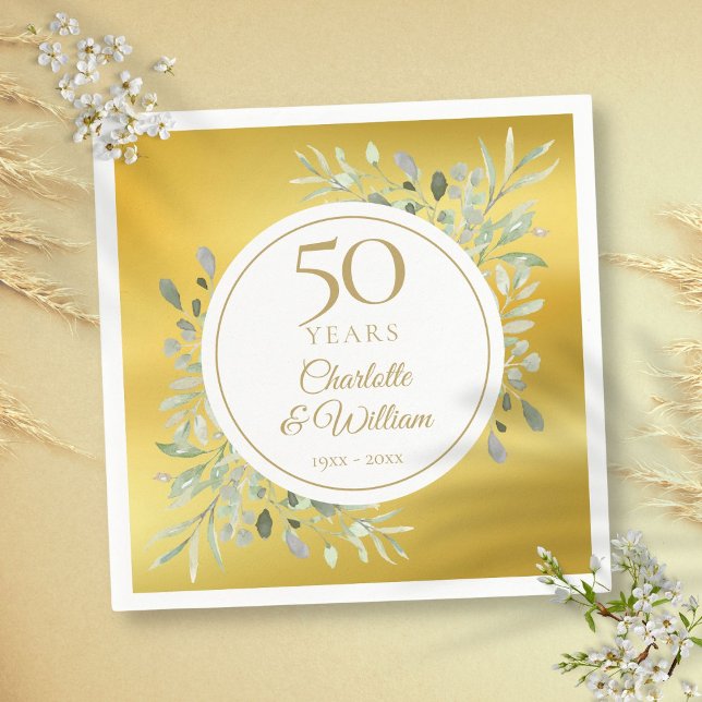 Serviette En Papier 50e Wedding Anniversary Greenery Gold Foil (50th Wedding Anniversary Greenery Gold Foil Napkins)