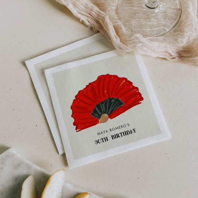 Serviette En Papier 50ème Flamenco Fan Anniversaire (Red and black flamenco fan 50th birthday party paper napkins.)