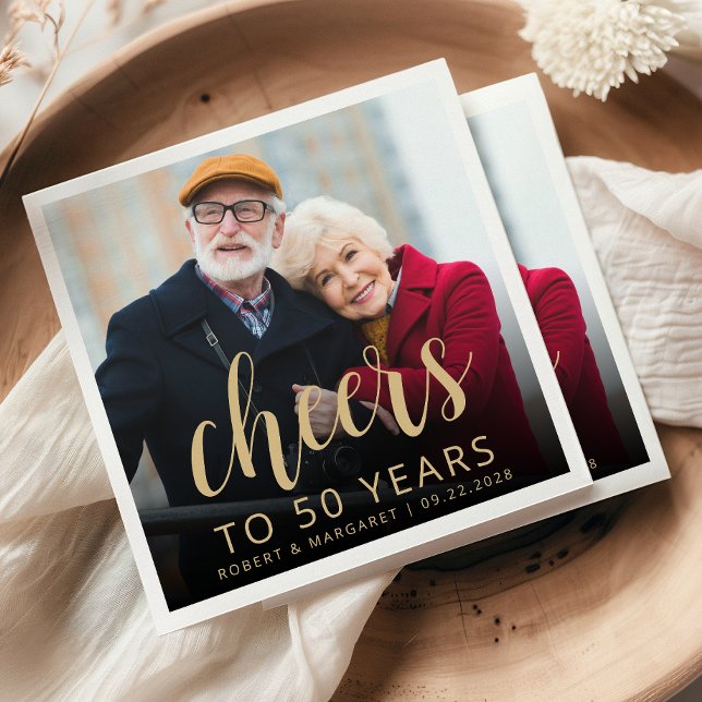 Serviette En Papier 50th Anniversary Party Photo Cheers Gold Script (Créateur téléchargé)