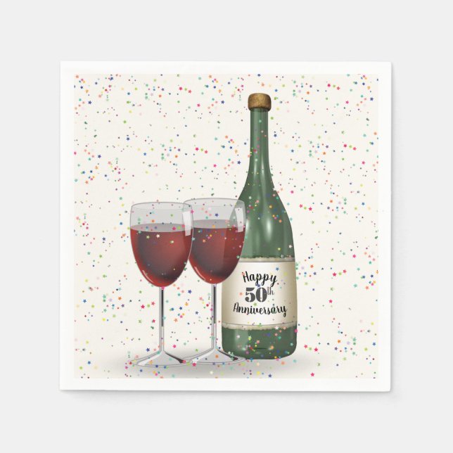 Serviette En Papier 50th Anniversary Party Wine Bottle and Two Glasses (Devant)