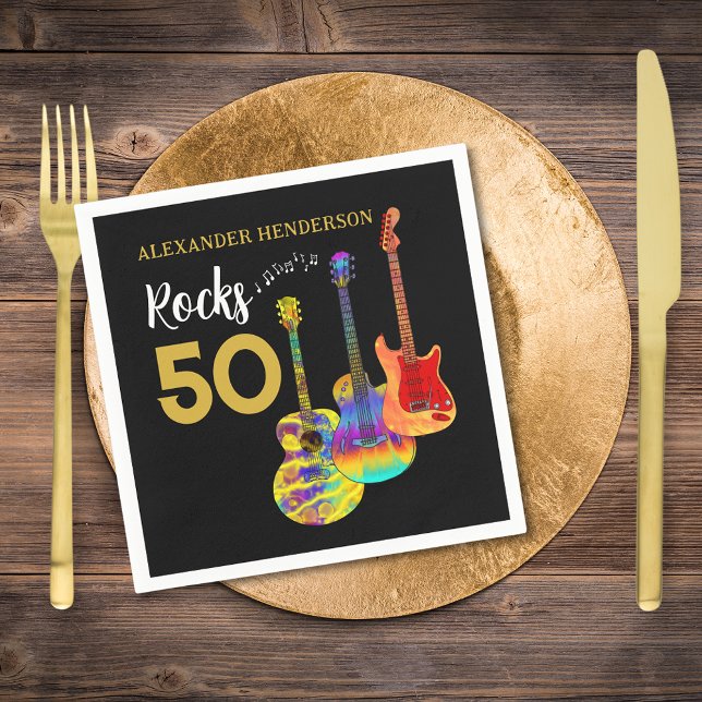Serviette En Papier 50th Birthday Guitar Rocks 50 Nom (Rock and roll 50th birthday party napkins personalized rocks 50 for him funky guitar gold typography)