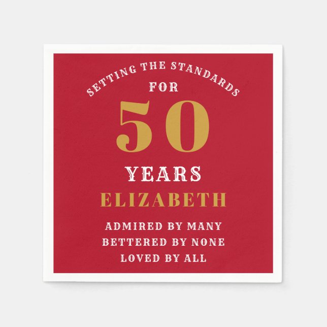 Serviette En Papier 50th Birthday Red And Gold Ajouter Votre Nom (Devant)