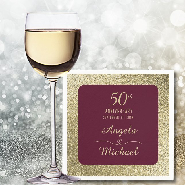 Serviette En Papier 50th Wedding Anniversary Burgundy Gold Glitter  (Créateur téléchargé)