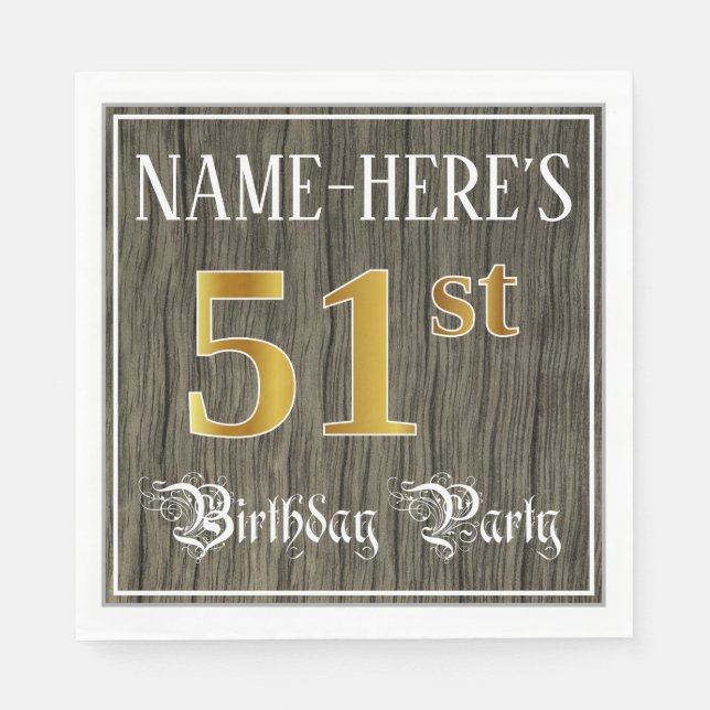 Serviette En Papier 51e fête d'anniversaire — Faux Gold & Faux Wood Lo (Devant)