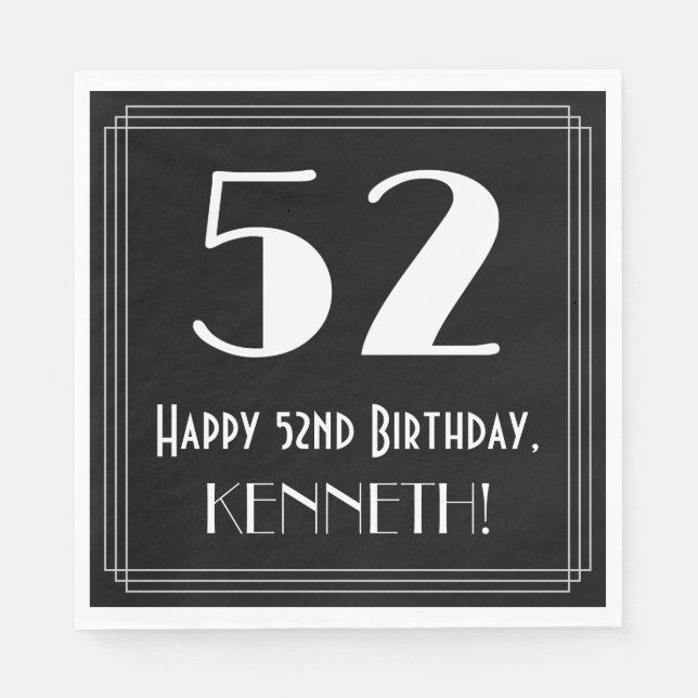 Serviette En Papier 52e anniversaire ~ Art Déco Inspiré Look "52", Nom (Devant)