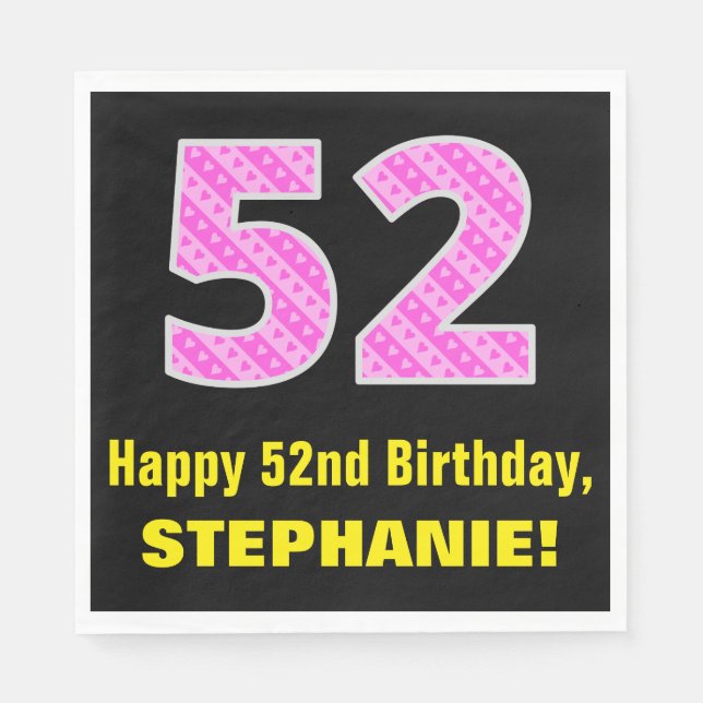 Serviette En Papier 52e anniversaire : Pink Stripes and Hearts "52" +  (Devant)