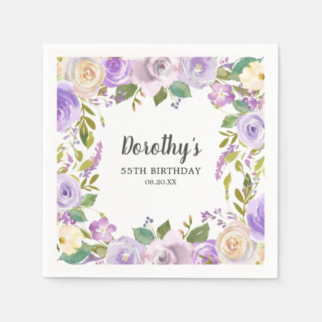 Serviette En Papier 55th Birthday Party Purple Rose Floral Monogram (Devant)