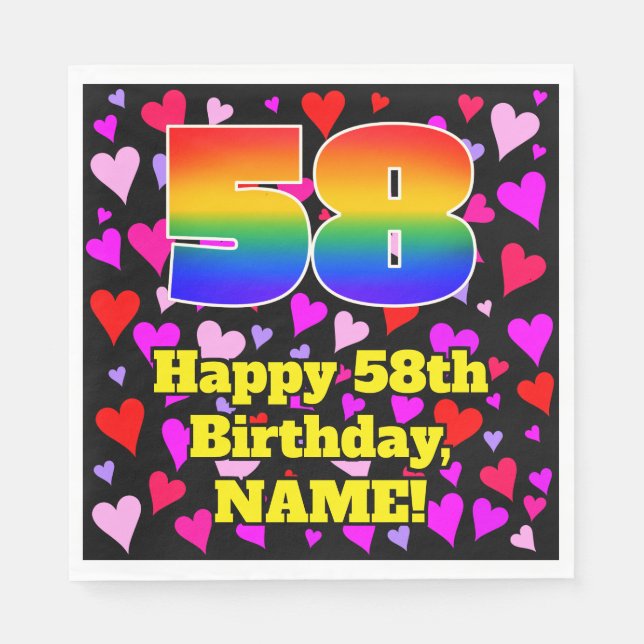 Serviette En Papier 58e anniversaire : Amour Hearts Motif, Arc-en-ciel (Devant)