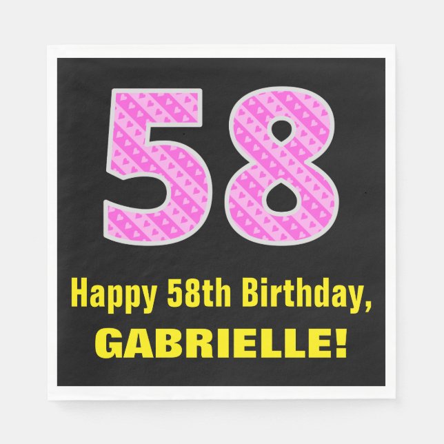 Serviette En Papier 58e anniversaire : Pink Stripes and Hearts "58" +  (Devant)