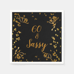 Serviette En Papier 60 ans et Sassy 60e anniversaire Noir Faux Or