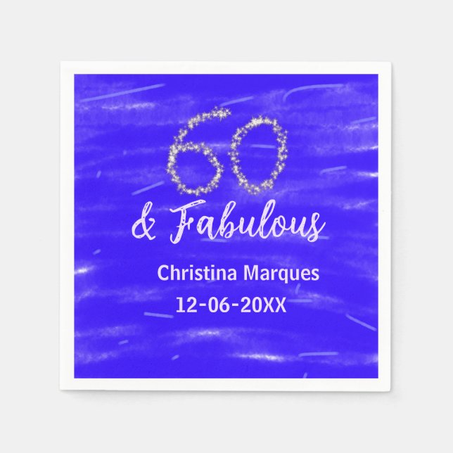 Serviette En Papier 60 & fabuleux anniversaire bleu argent ajouter nom (Devant)