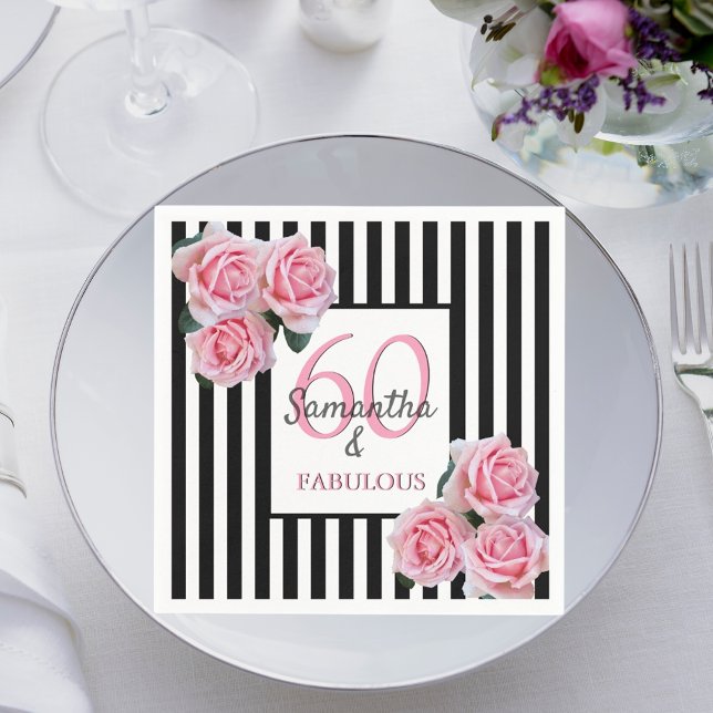 Serviette En Papier 60 fabuleux anniversaire rose noir blanc rayures (Créateur téléchargé)
