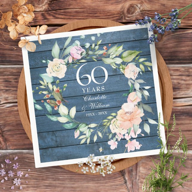 Serviette En Papier 60e 75e Anniversaire de Mariage Bleu Floral Rustiq (Créateur téléchargé)