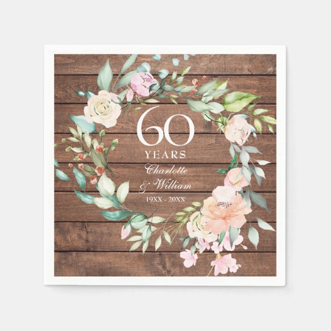 Serviette En Papier 60e 75e Anniversaire de Mariage Bois Rustique Flor (Devant)