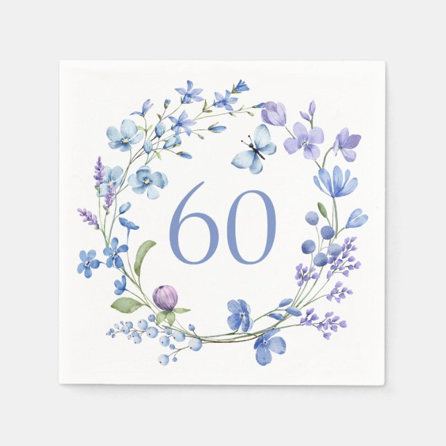 Serviette En Papier 60e anniversaire Aquarelle bleue florale (Devant)