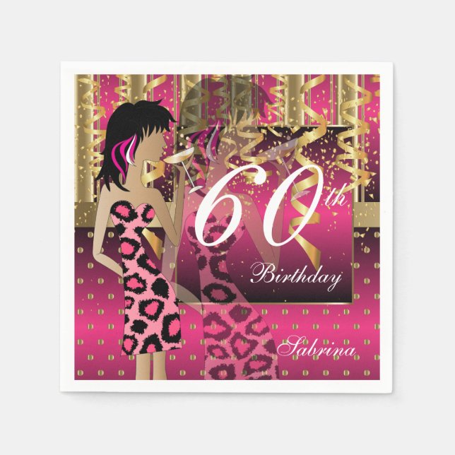 Serviette En Papier 60e anniversaire Bash Girl Party en rose et or (Devant)