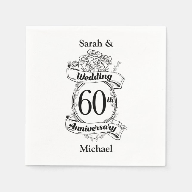 Serviette En Papier 60e anniversaire de Mariage de diamant Fleurs (Devant)