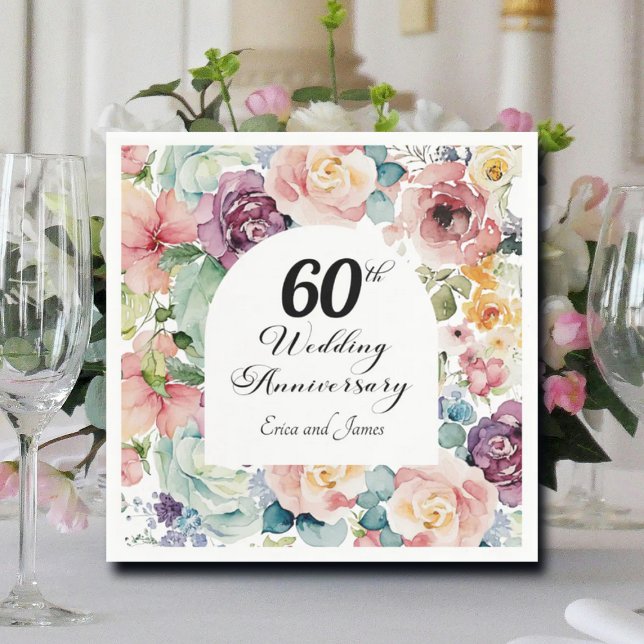 Serviette En Papier 60e anniversaire de Mariage Élégant script floral (Créateur téléchargé)