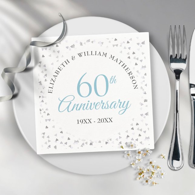 Serviette En Papier 60e anniversaire de Mariage Script Hearts Confetti (60th Wedding Anniversary Script Hearts Confetti Napkins)