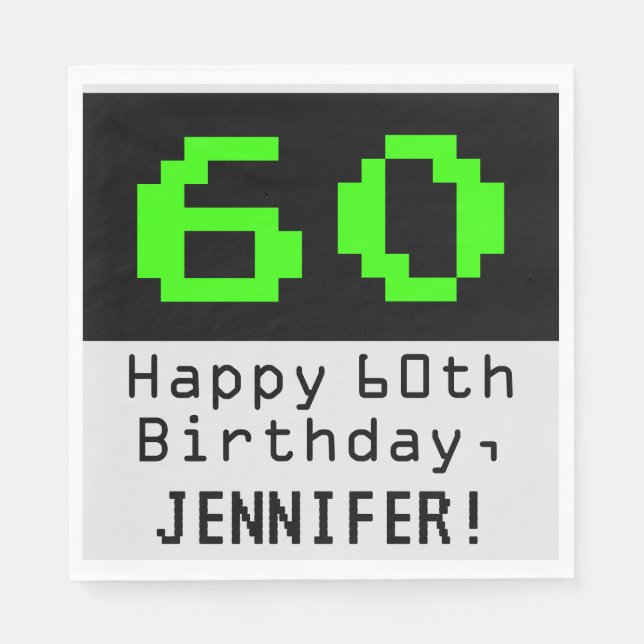 Serviette En Papier 60e anniversaire - Nerdy / Geeky Style "60" & Nom (Devant)