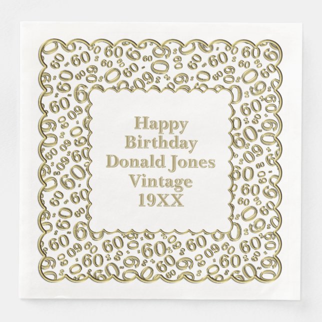 Serviette En Papier 60e anniversaire Numéro Motif pétoncles or/blanc (Devant)