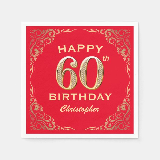 Serviette En Papier 60e anniversaire Parties scintillant rouge et or c (Devant)