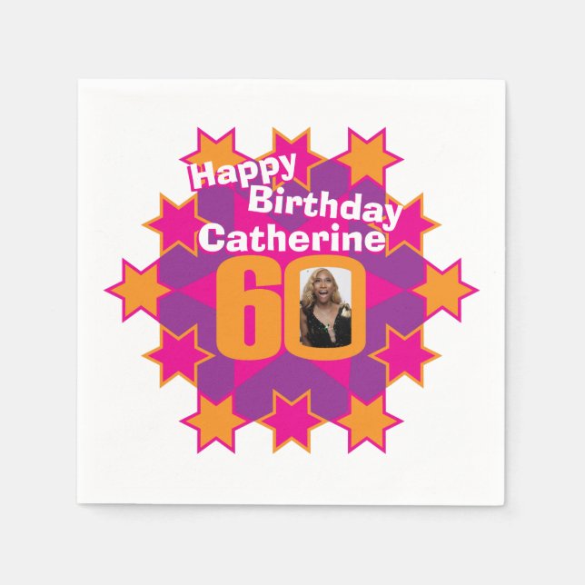 Serviette En Papier 60e anniversaire photo et nom rose star serviettes (Devant)