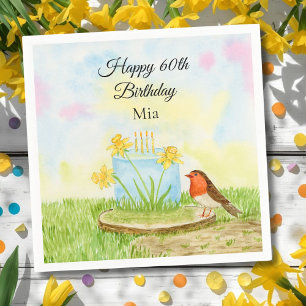 Serviette En Papier 60e Anniversaire Robin avec Gâteau au Narcisse
