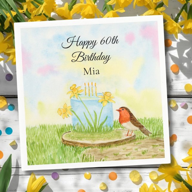 Serviette En Papier 60e Anniversaire Robin avec Gâteau au Narcisse (Créateur téléchargé)
