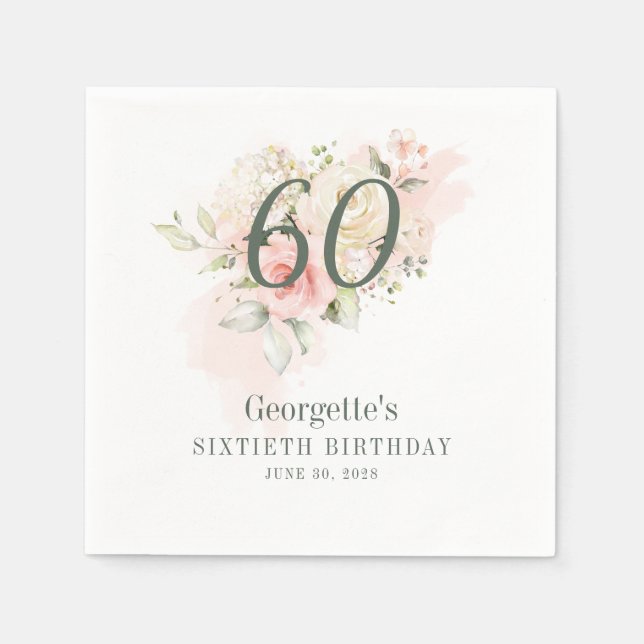Serviette En Papier 60e Anniversaire Rose Floral Vert Papier (Devant)