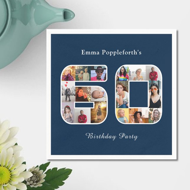 Serviette En Papier 60e anniversaire Soixante photo Collage bleu foncé (Dark Navy Blue 60th birthday party paper napkin. 60 photo collage template.)