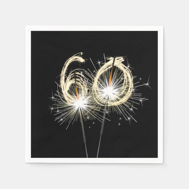 Serviette En Papier 60e anniversaire Sparklers de fête sur noir (Devant)