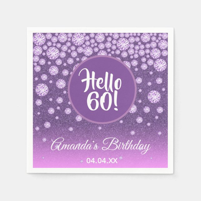Serviette En Papier 60e anniversaire violet parties scintillant bonjou (Devant)