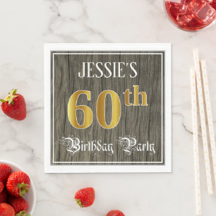 Serviette En Papier 60e fête d'anniversaire — Faux Gold & Faux Wood Lo