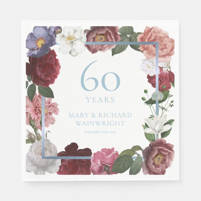 Serviette En Papier 60ème Mariage Diamond Anniversaire Rose de jardin (Devant)