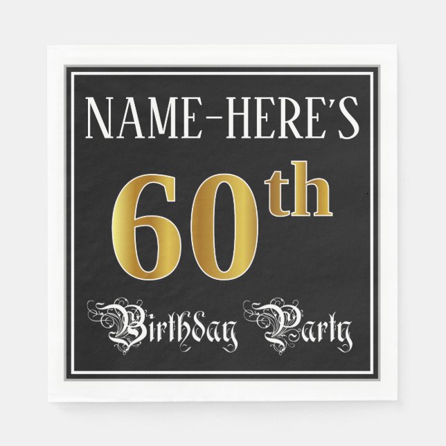 Serviette En Papier 60th Birthday Party - Fancy Script, Faux Gold Look (Devant)