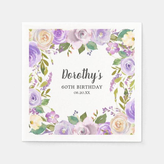 Serviette En Papier 60th Birthday Party Purple Rose Floral Monogram (Devant)