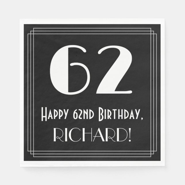 Serviette En Papier 62e anniversaire ~ Art Déco Inspiré Look "62", Nom (Devant)