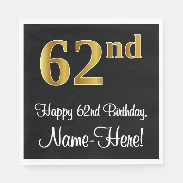Serviette En Papier 62e anniversaire ~ Elégant Luxueux Faux Gold Look  (Devant)