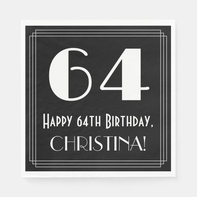 Serviette En Papier 64e anniversaire ~ Art Déco Inspiré Look "64", Nom (Devant)