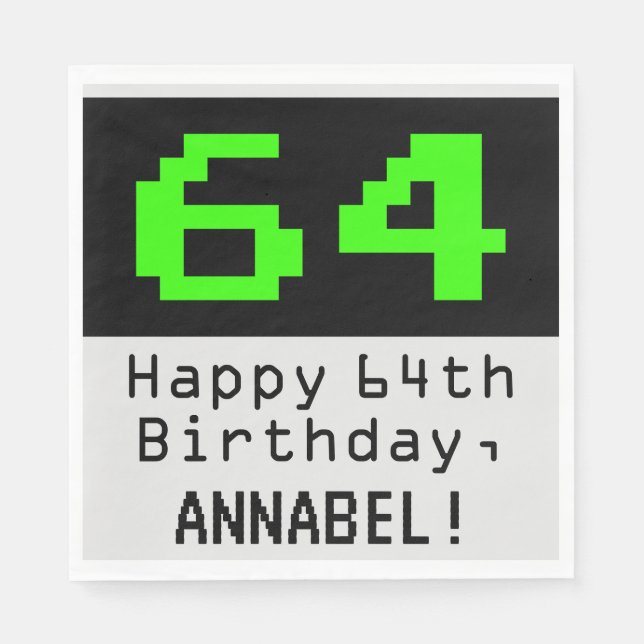 Serviette En Papier 64e anniversaire - Nerdy / Geeky Style "64" & Nom (Devant)