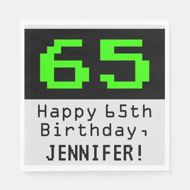 Serviette En Papier 65e anniversaire - Nerdy / Geeky Style "65" & Nom (Devant)