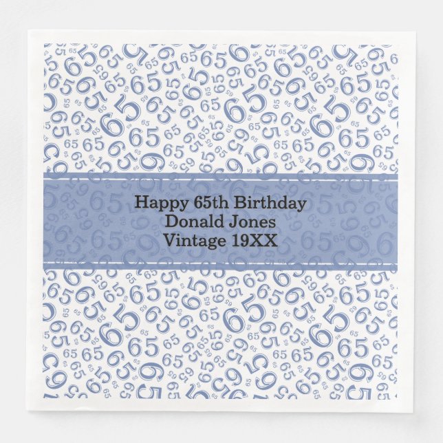 Serviette En Papier 65e anniversaire Numéro d'âge Motif bleu/blanc (Devant)