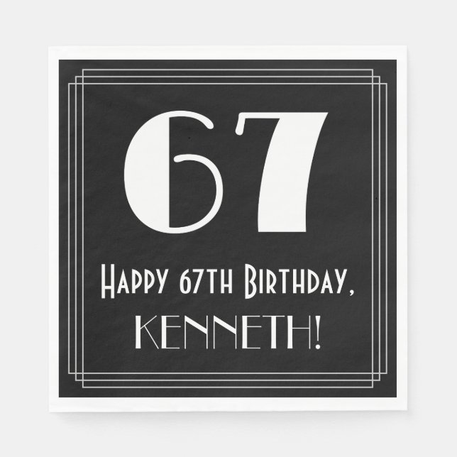 Serviette En Papier 67e anniversaire ~ Art Déco Inspiré Look "67", Nom (Devant)