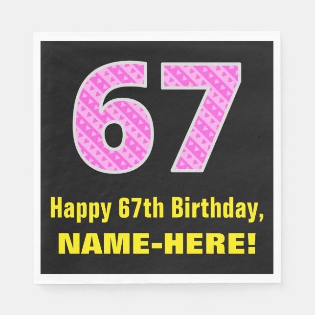 Serviette En Papier 67ème anniversaire : Pink Stripes and Hearts "67"  (Devant)