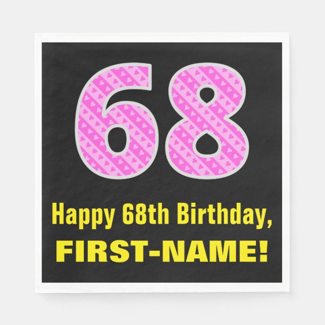 Serviette En Papier 68e anniversaire : Pink Stripes and Hearts "68" +  (Devant)